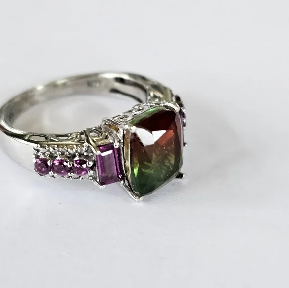 Genuine Watermelon Quartz & Rhodolite Garnet Ring Platinum/925 Sz 8! - Picture 7 of 14